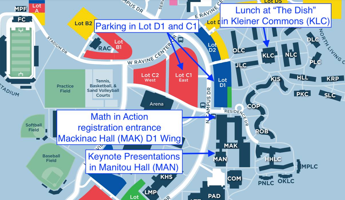 Map showing Mackinac Hall (Conference Location) and Kleiner Commons (Lunch Location)